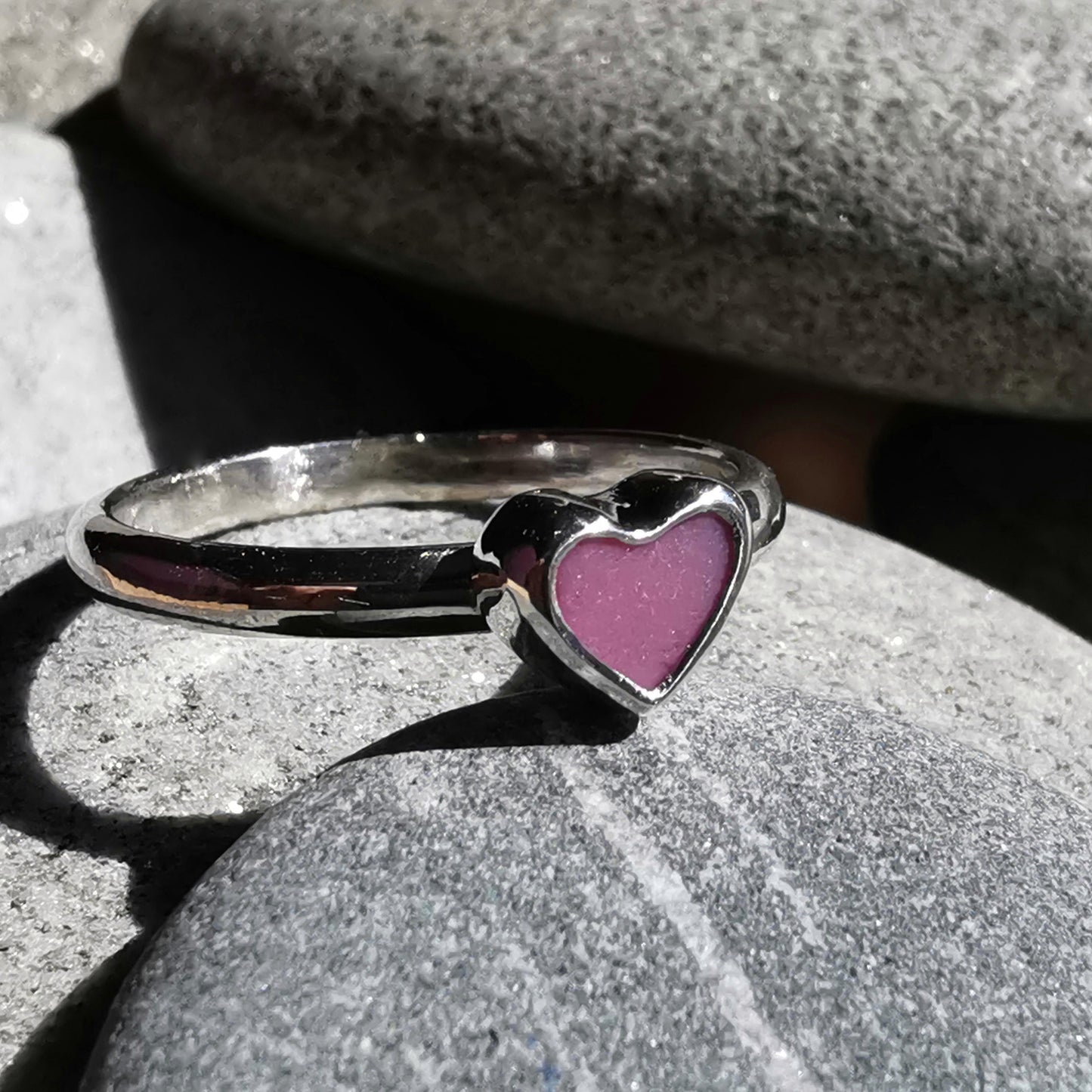 Tiny Scottish pink sea glass heart & sterling silver ring.