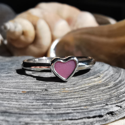 Tiny Scottish pink sea glass heart & sterling silver ring.