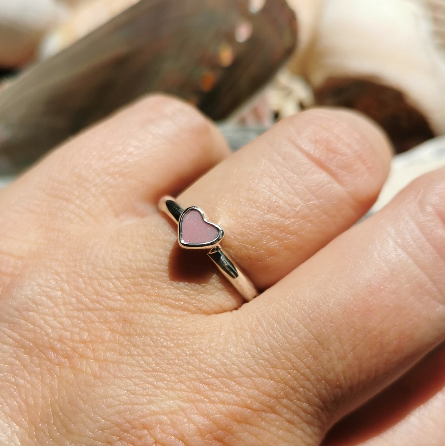 Tiny Scottish pink sea glass heart & sterling silver ring.