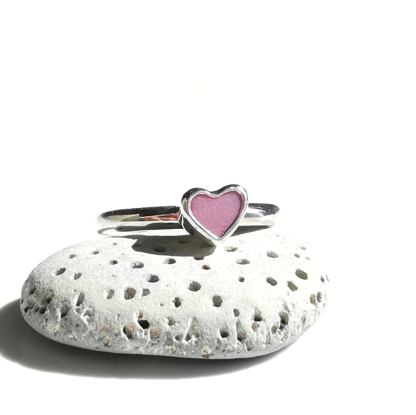 Tiny Scottish pink sea glass heart & sterling silver ring.