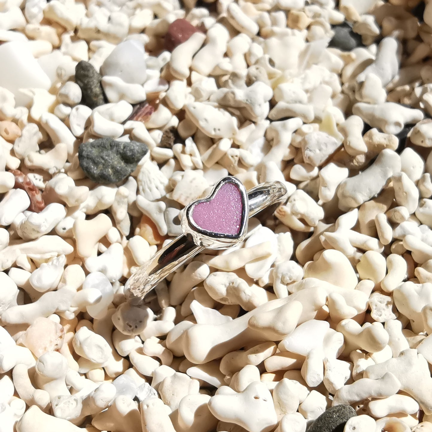 Tiny Scottish pink sea glass heart & sterling silver ring.