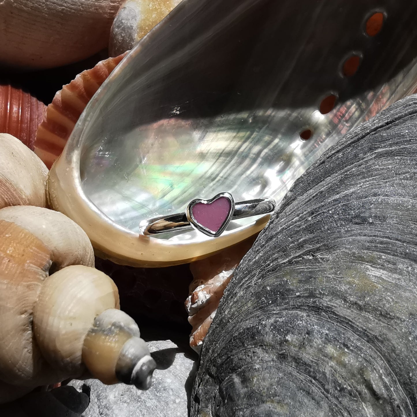 Tiny Scottish pink sea glass heart & sterling silver ring.