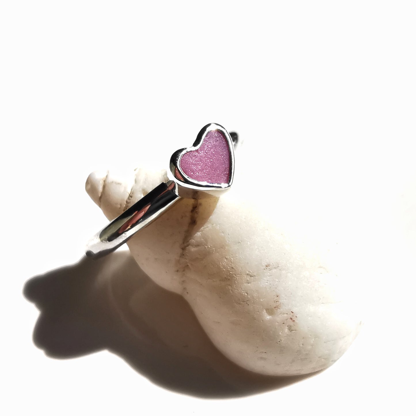 Tiny Scottish pink sea glass heart & sterling silver ring.