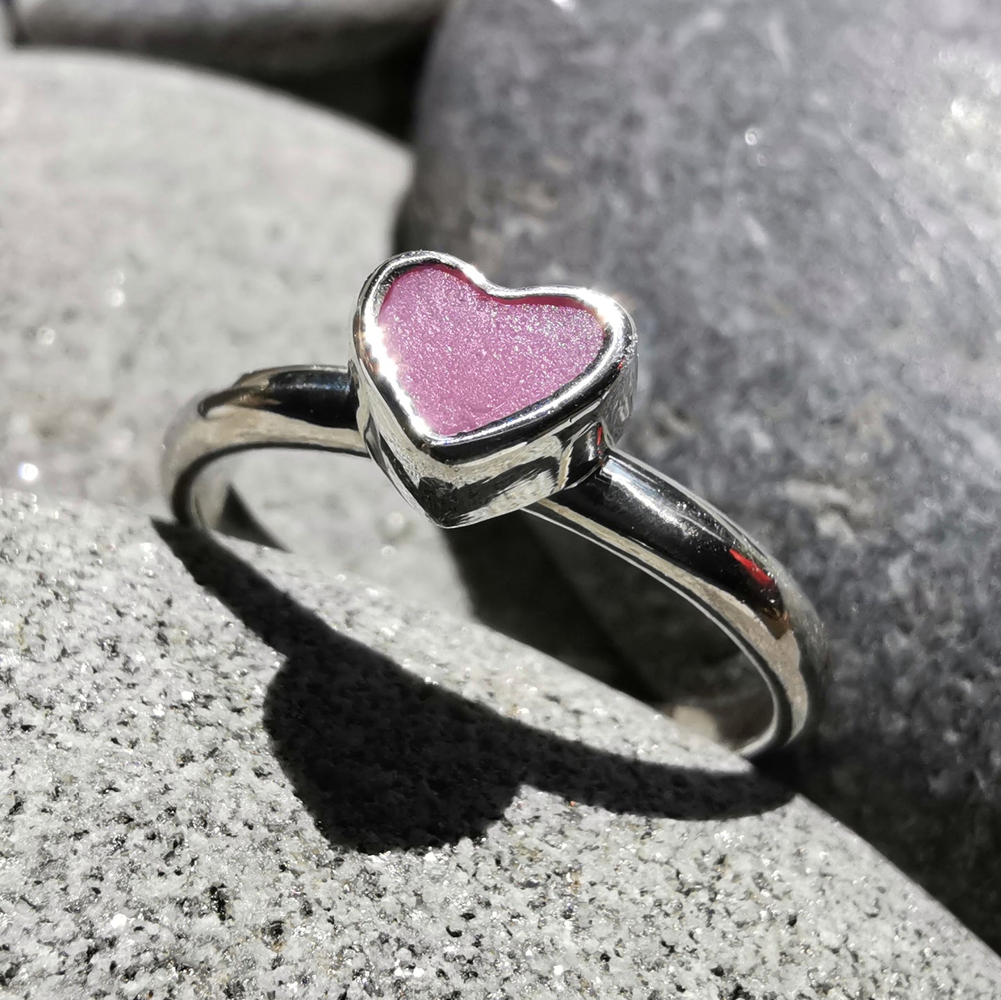 Tiny Scottish pink sea glass heart & sterling silver ring.