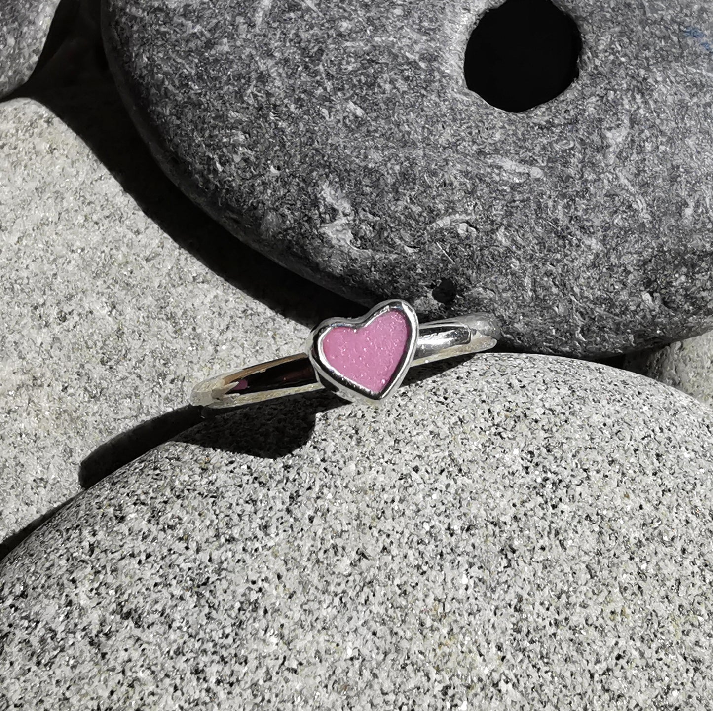 Tiny Scottish pink sea glass heart & sterling silver ring.