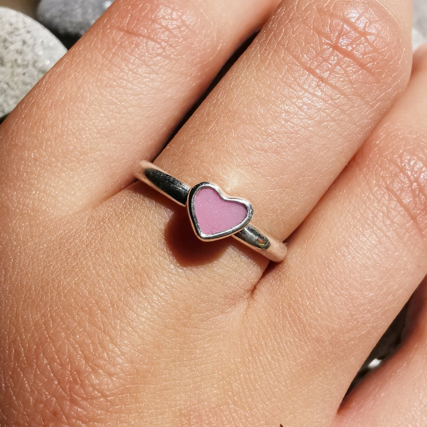 Tiny Scottish pink sea glass heart & sterling silver ring.