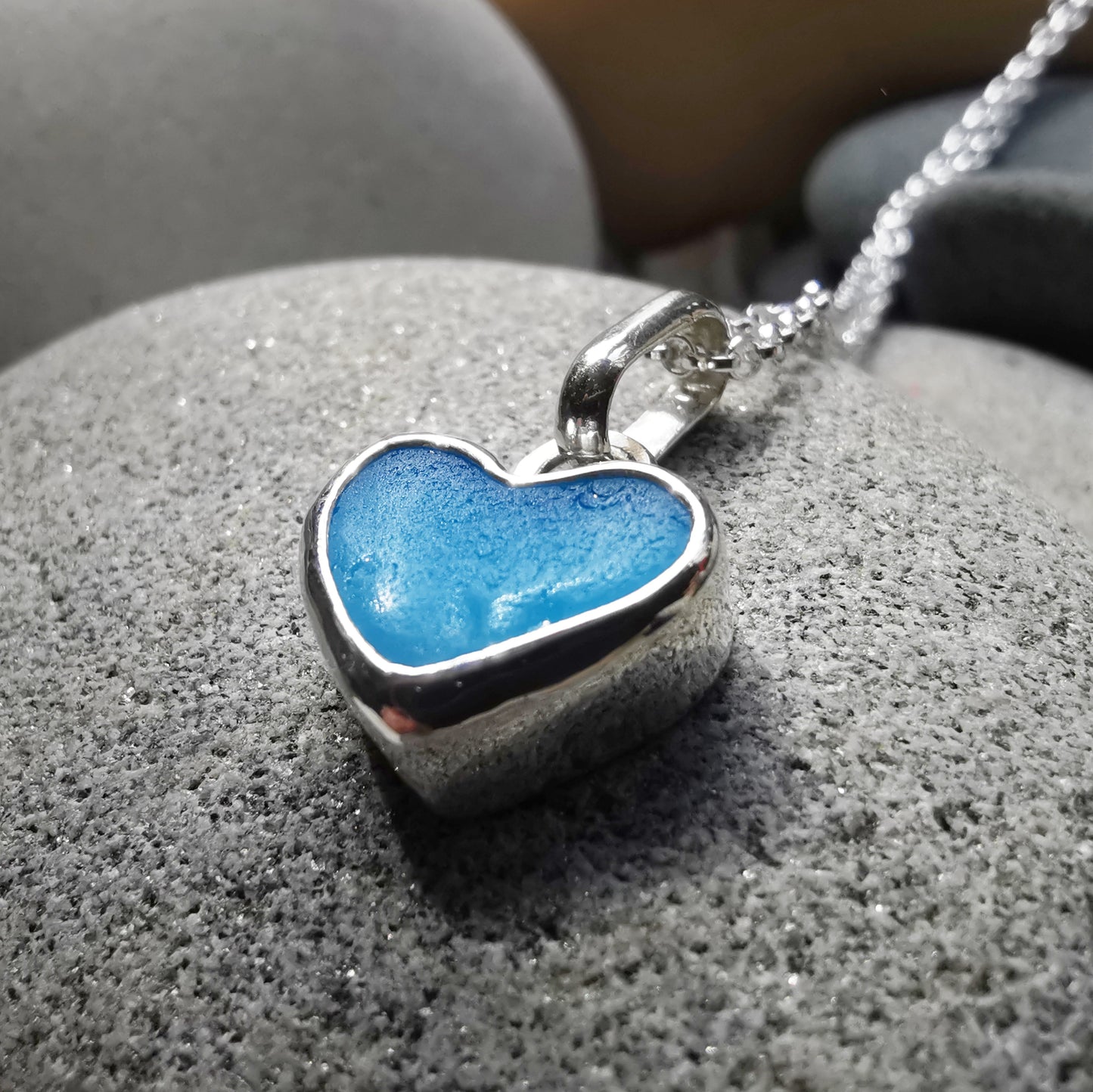 Aquamarine blue sea glass heart & sterling silver pendant.