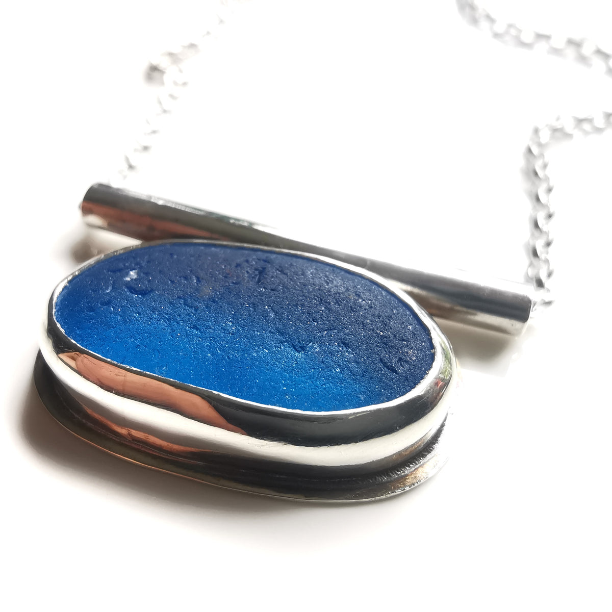 Scottish blue sea glass & sterling silver pendant.