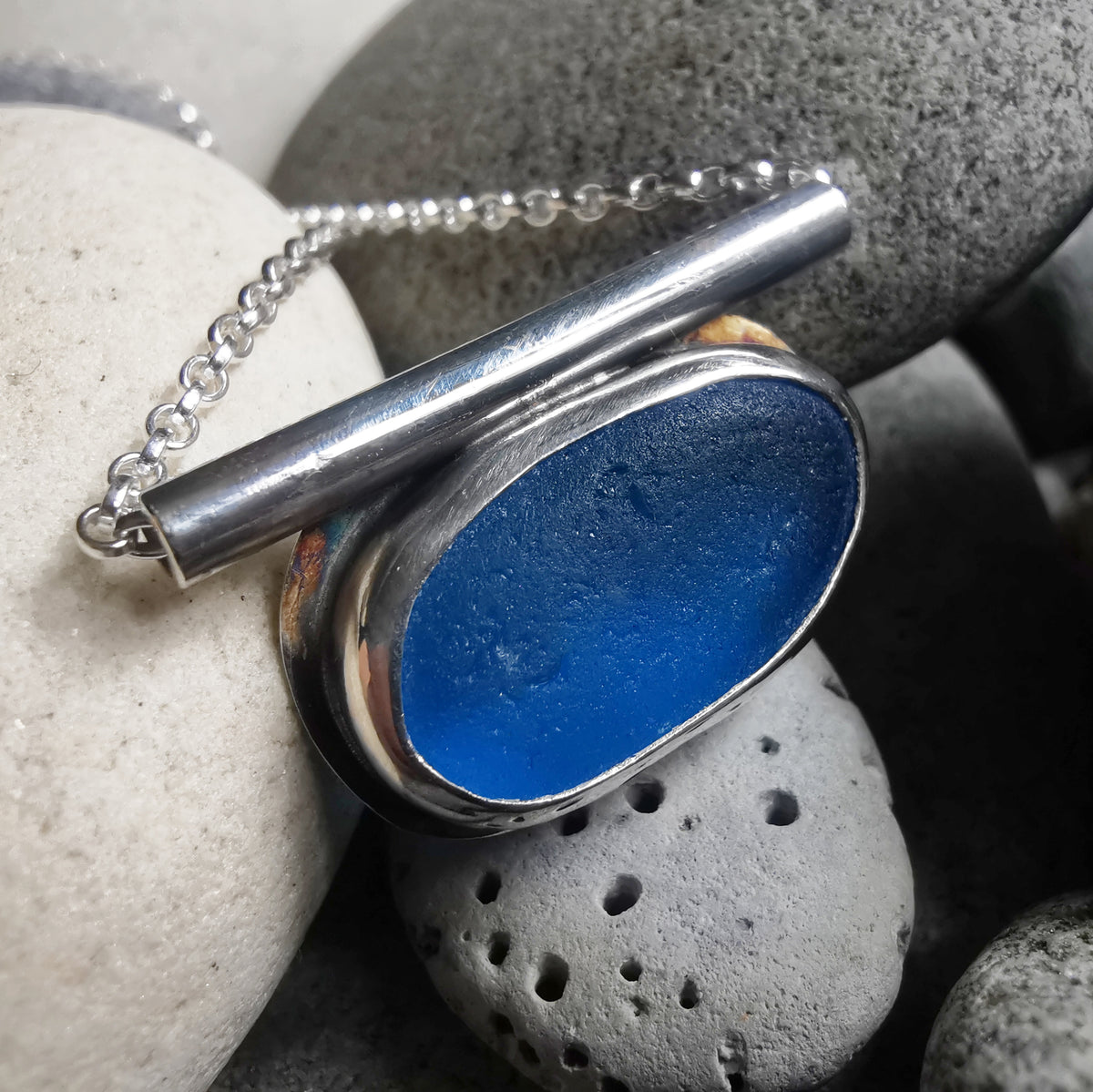 Scottish blue sea glass & sterling silver pendant.