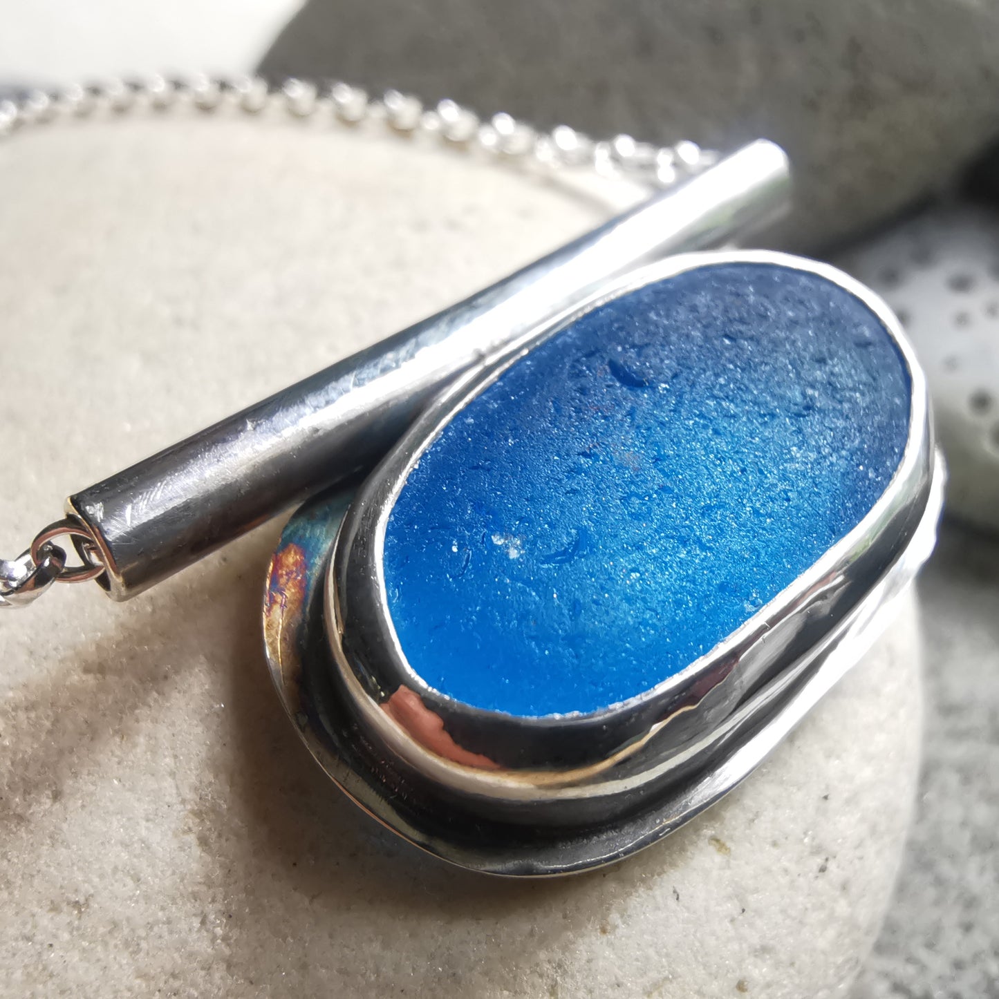 Scottish blue sea glass & sterling silver pendant.