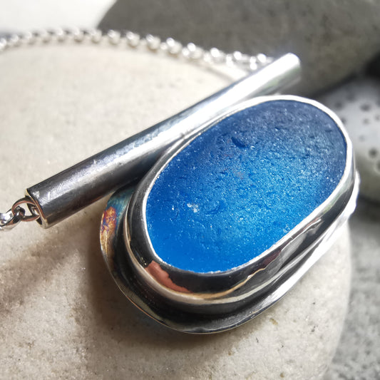 Scottish blue sea glass & sterling silver pendant.