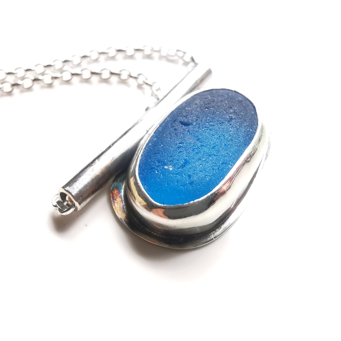Scottish blue sea glass & sterling silver pendant.