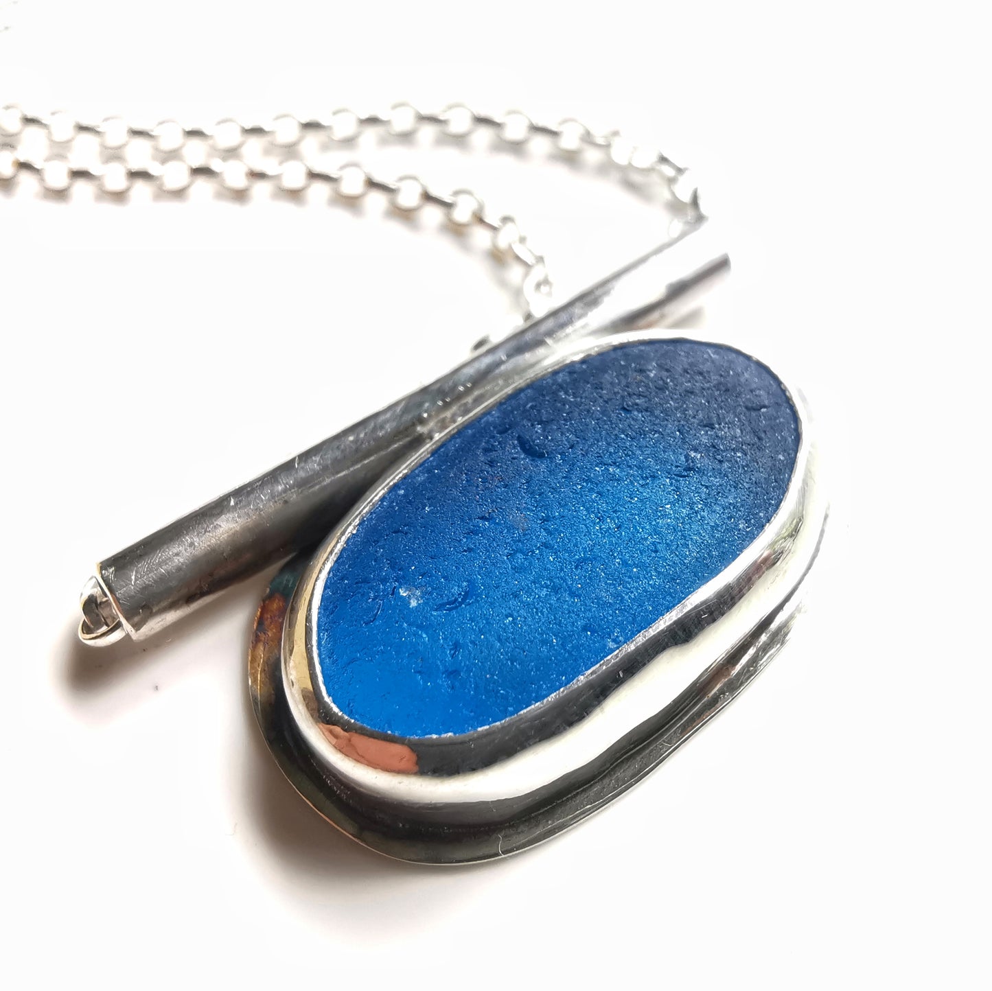 Scottish blue sea glass & sterling silver pendant.