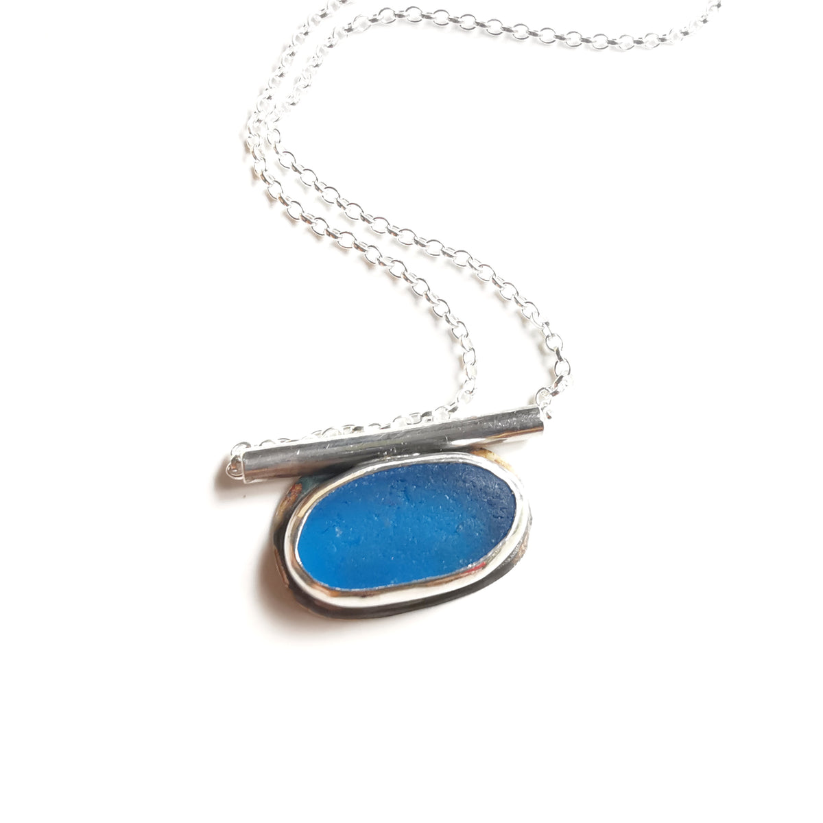 Scottish blue sea glass & sterling silver pendant.