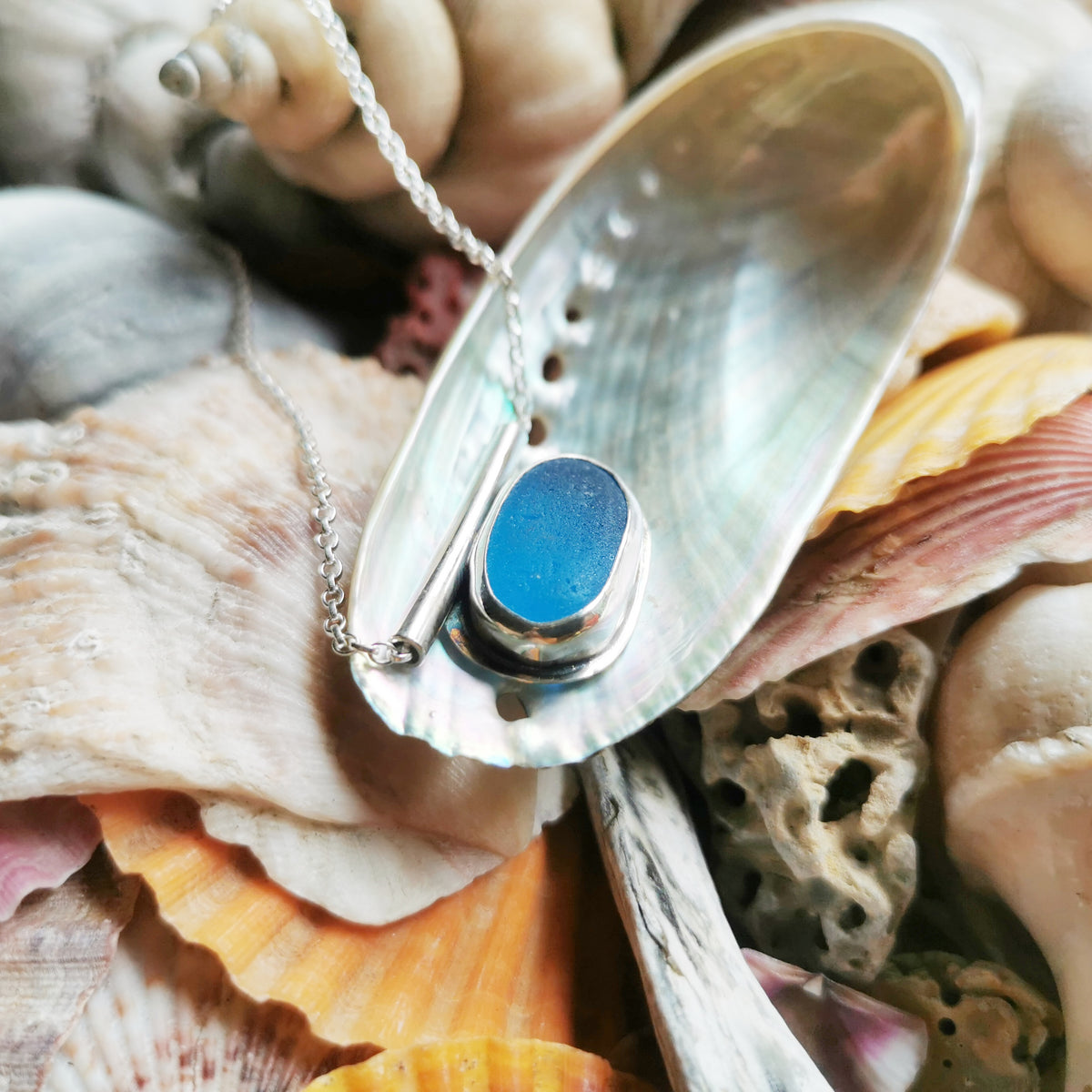 Scottish blue sea glass & sterling silver pendant.