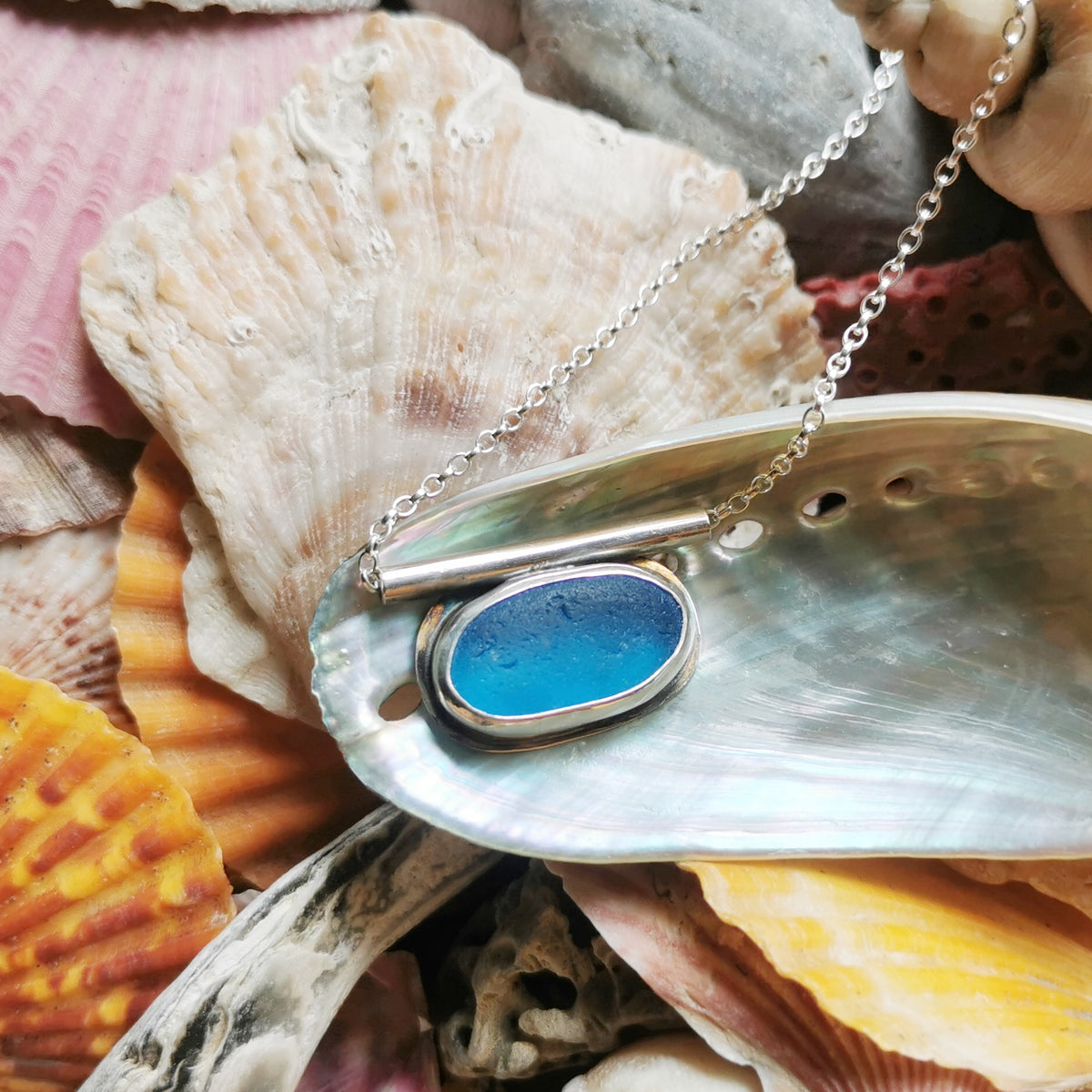 Scottish blue sea glass & sterling silver pendant.