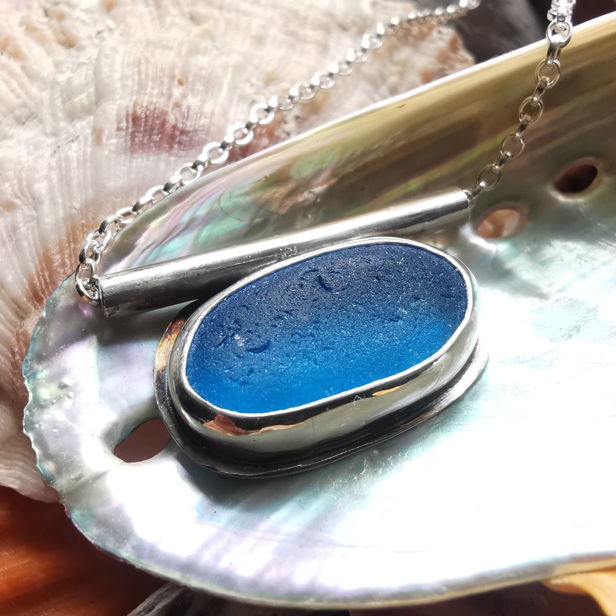Scottish blue sea glass & sterling silver pendant.