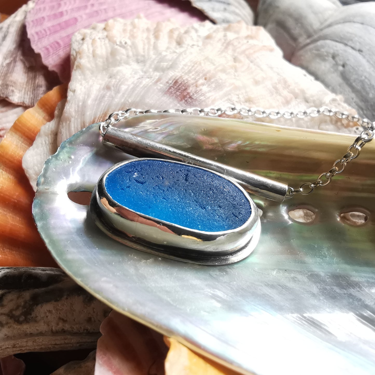 Scottish blue sea glass & sterling silver pendant.
