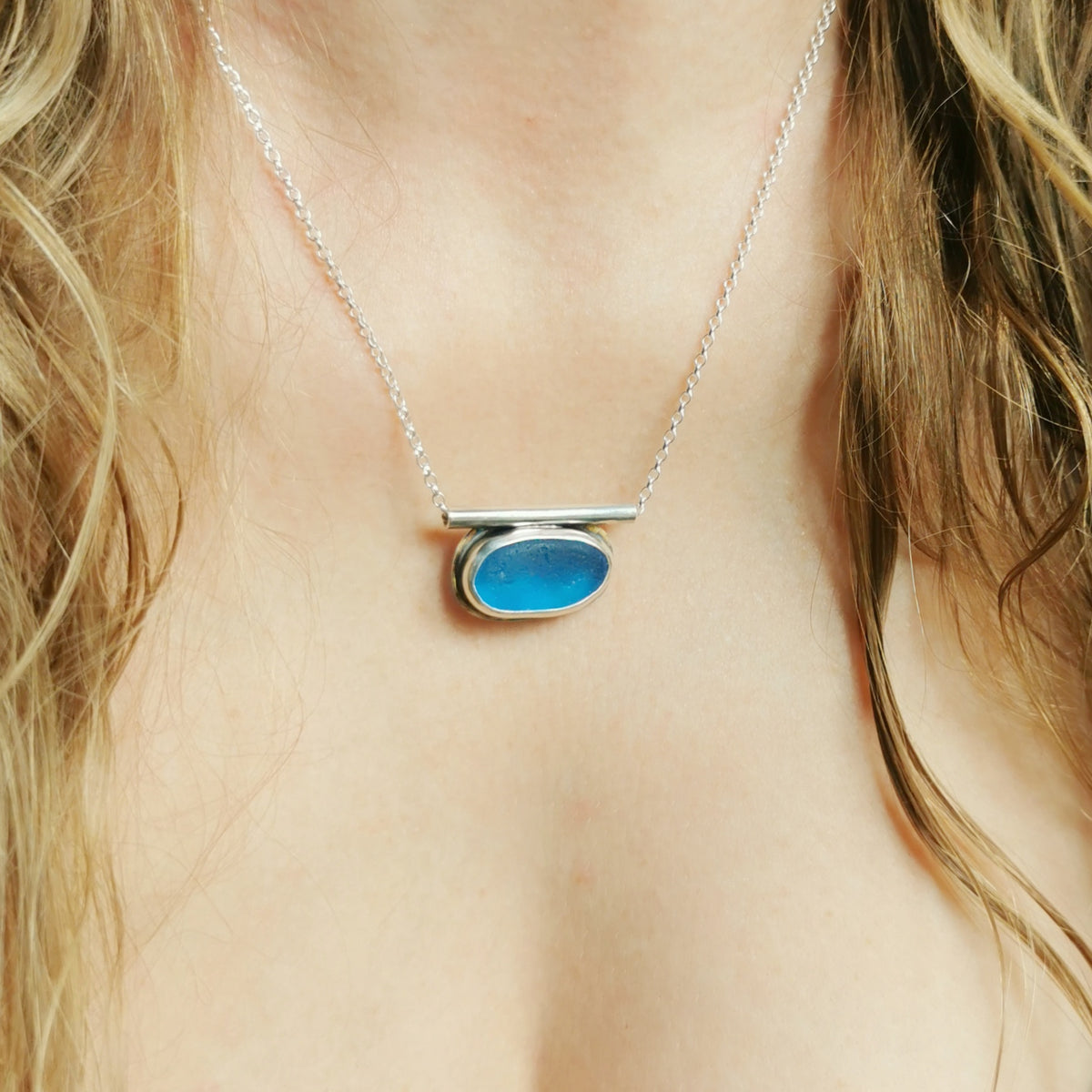 Scottish blue sea glass & sterling silver pendant.