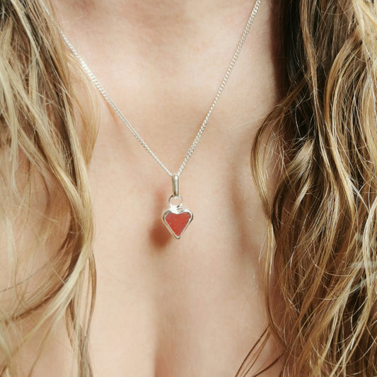 Tiny magenta pink sea glass heart & sterling silver pendant.