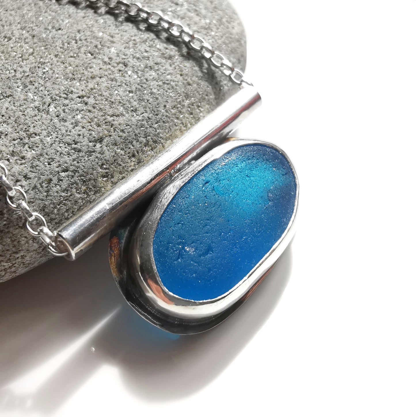 Scottish blue sea glass & sterling silver pendant.