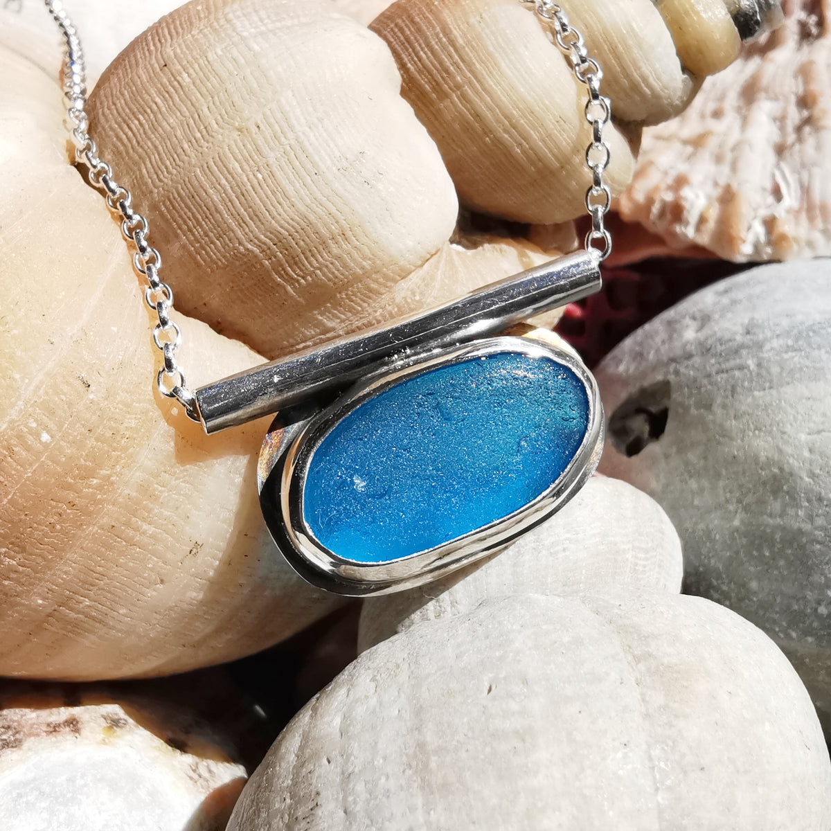 Scottish blue sea glass & sterling silver pendant.