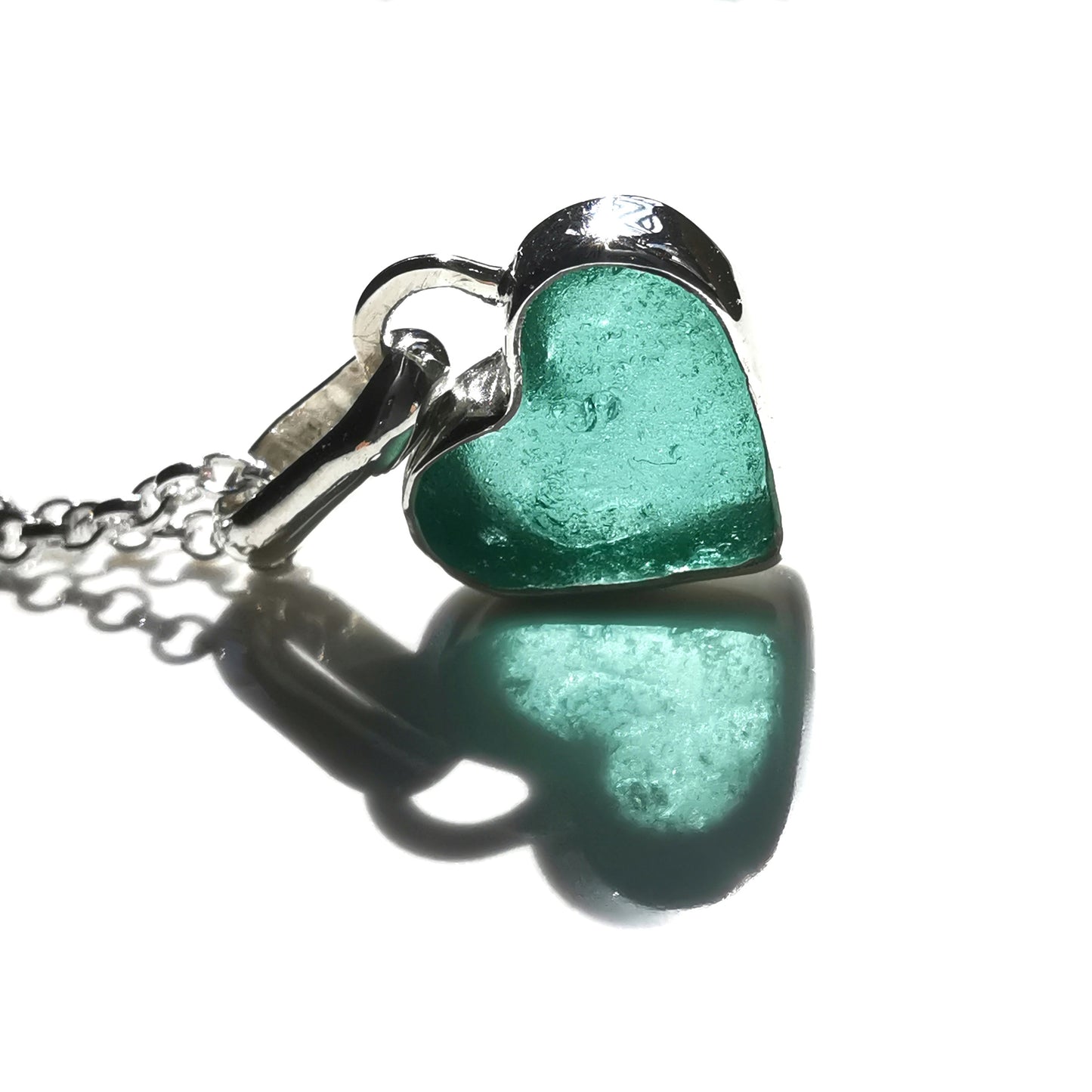 Scottish teal sea glass heart & sterling silver pendant.