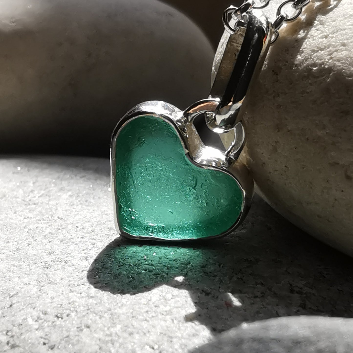 Scottish teal sea glass heart & sterling silver pendant.