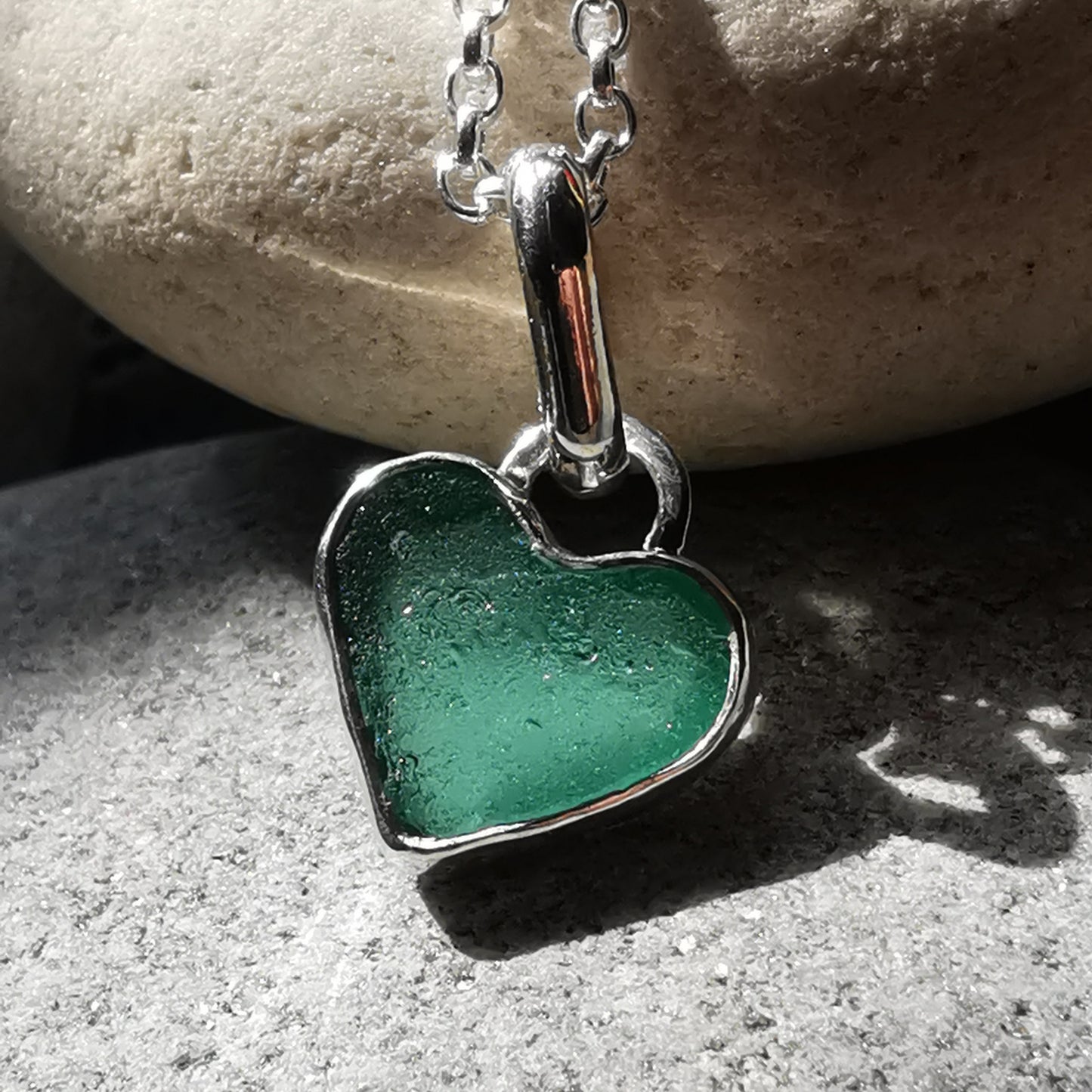Scottish teal sea glass heart & sterling silver pendant.