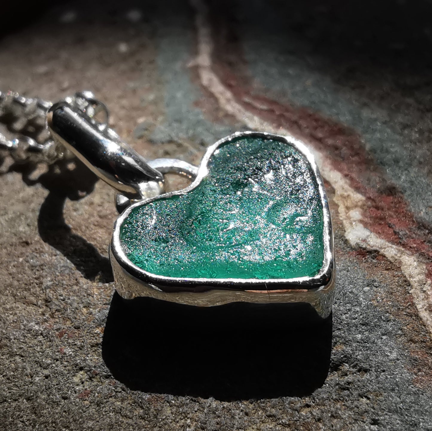 Scottish teal sea glass heart & sterling silver pendant.