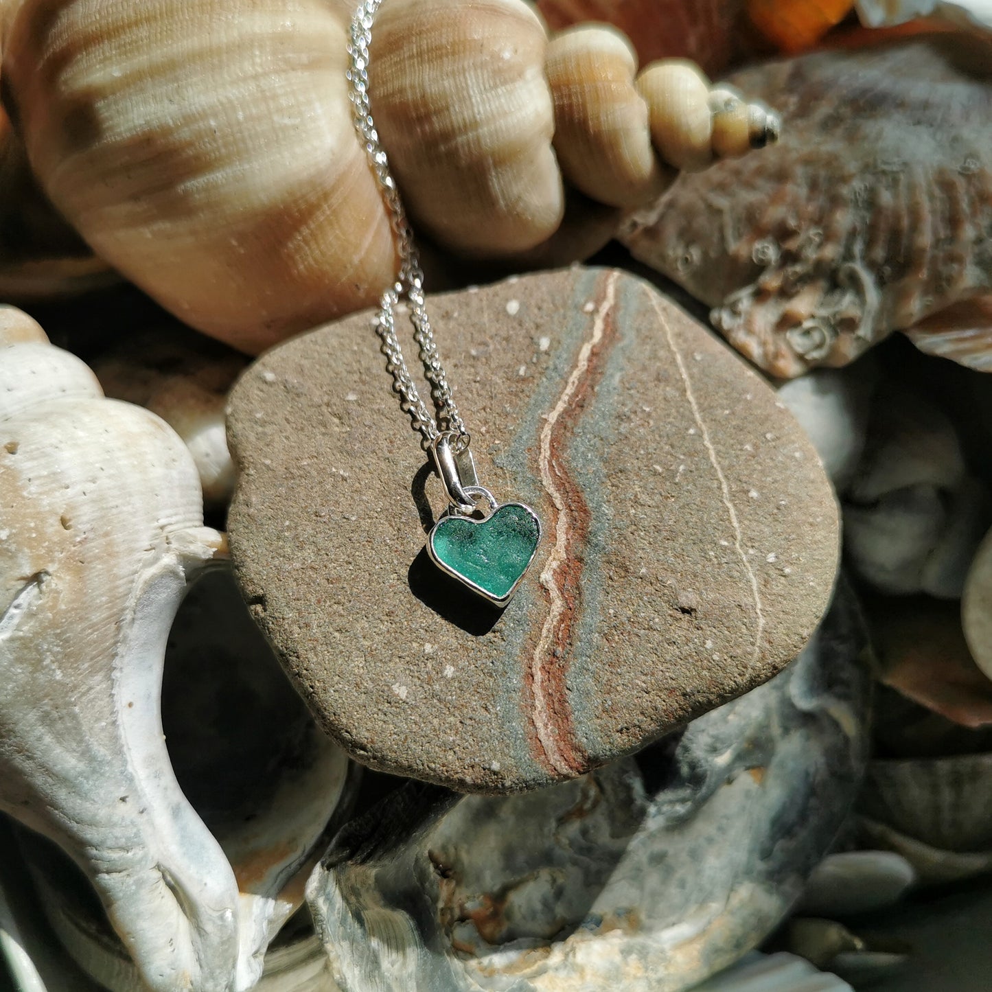 Scottish teal sea glass heart & sterling silver pendant.