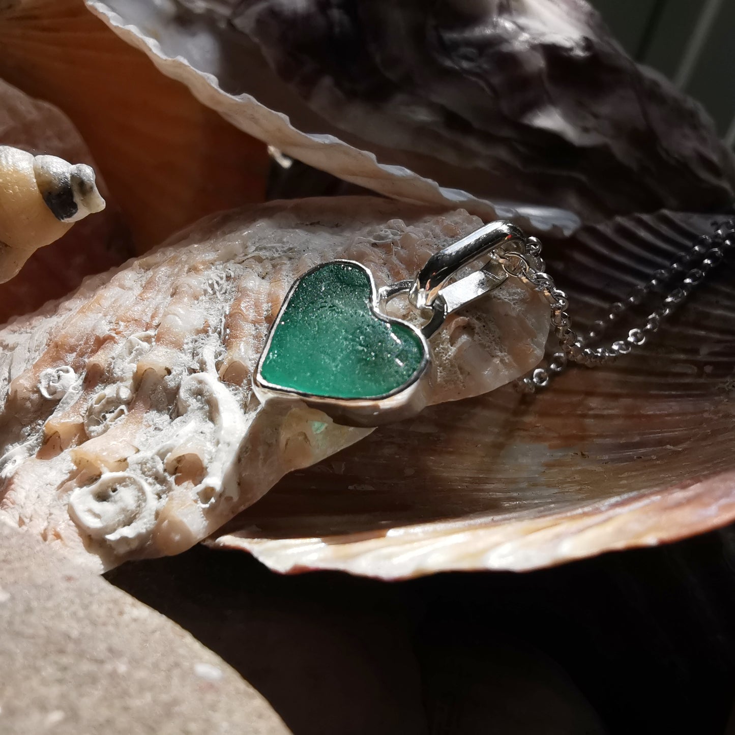 Scottish teal sea glass heart & sterling silver pendant.
