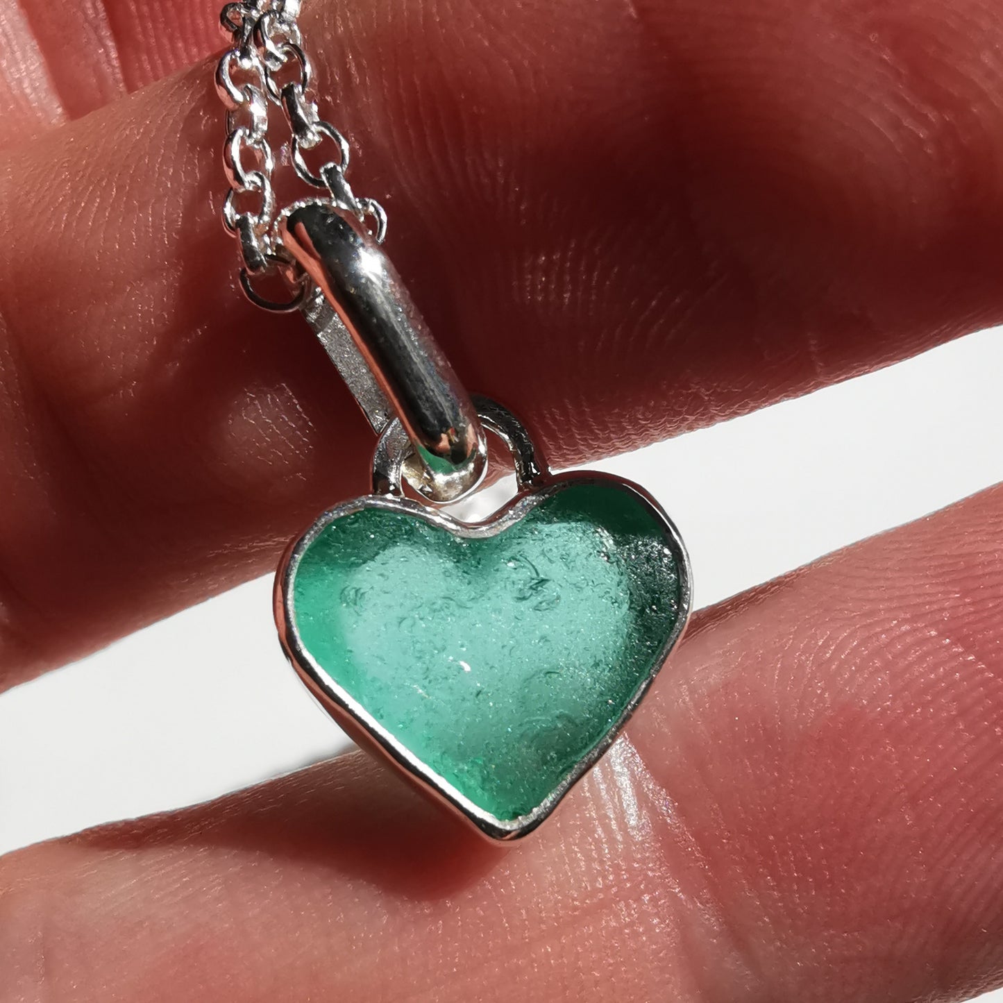 Scottish teal sea glass heart & sterling silver pendant.