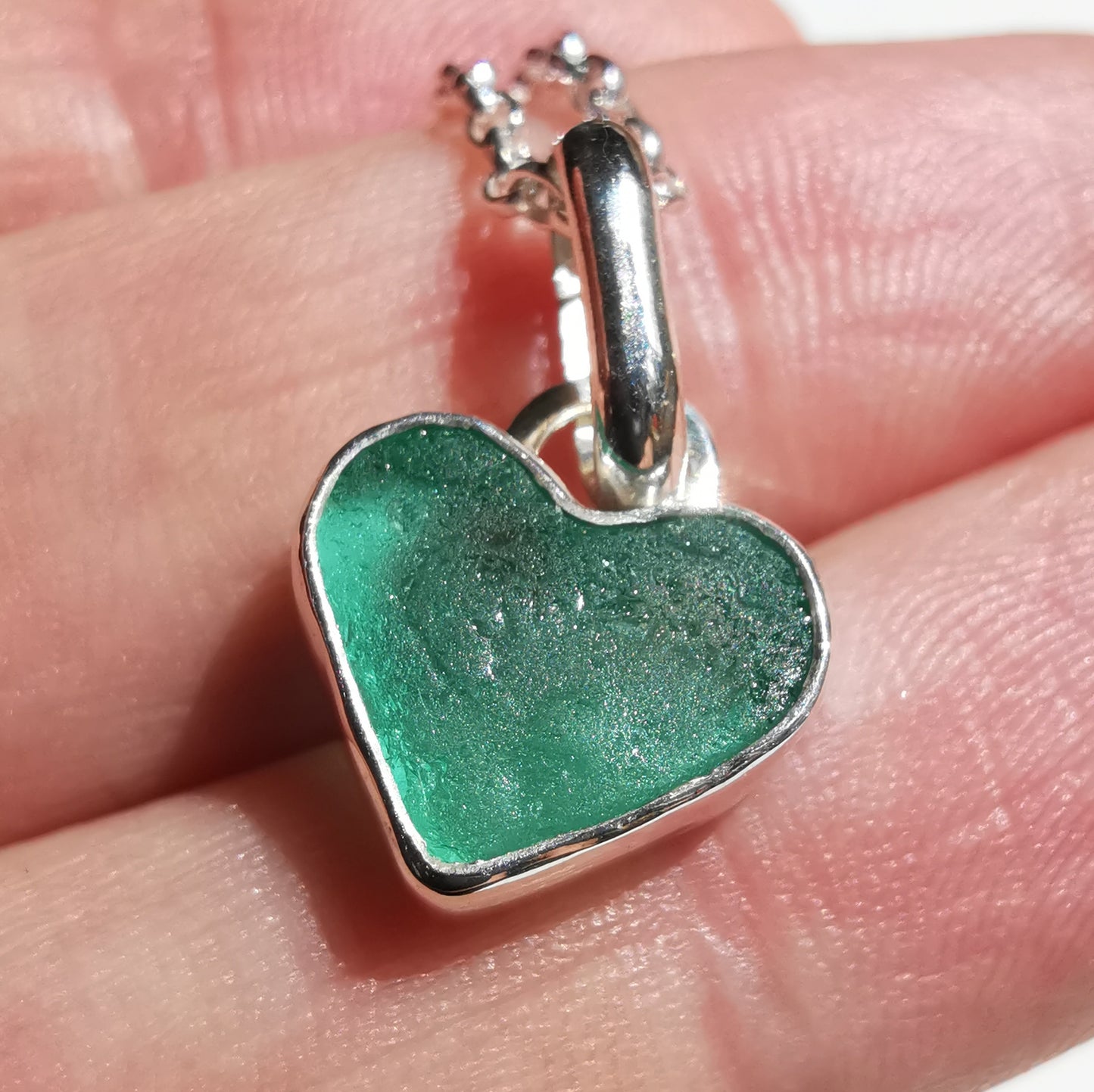 Scottish teal sea glass heart & sterling silver pendant.