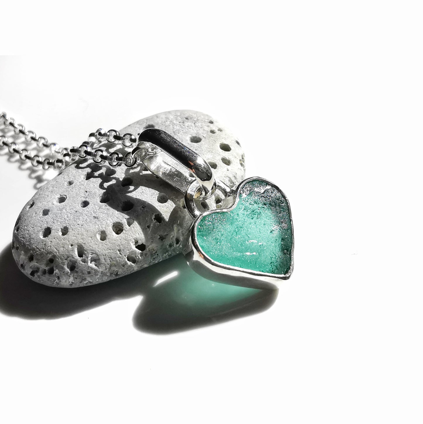 Scottish teal sea glass heart & sterling silver pendant.