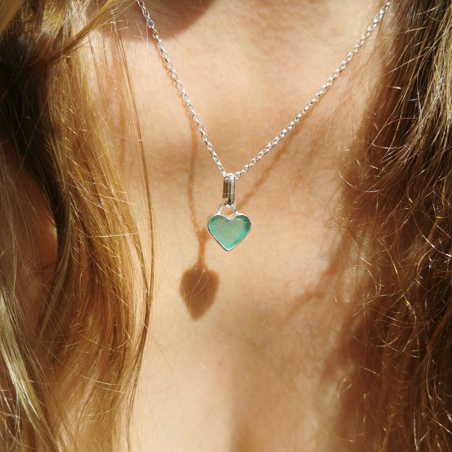 Scottish teal sea glass heart & sterling silver pendant.