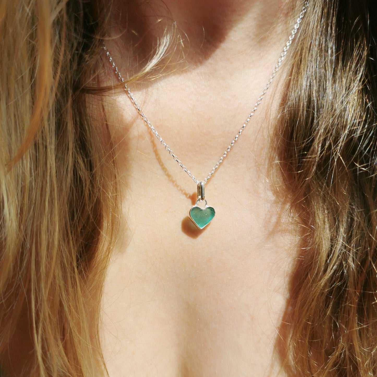 Scottish teal sea glass heart & sterling silver pendant.