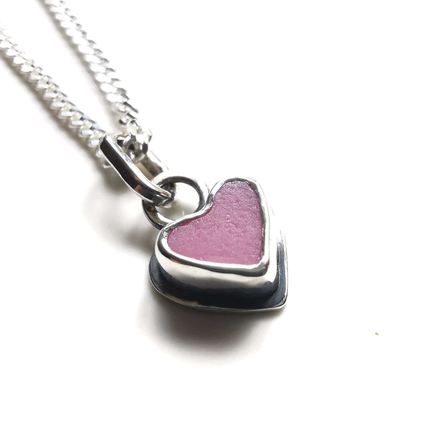 Tiny pink sea glass heart & sterling silver pendant.
