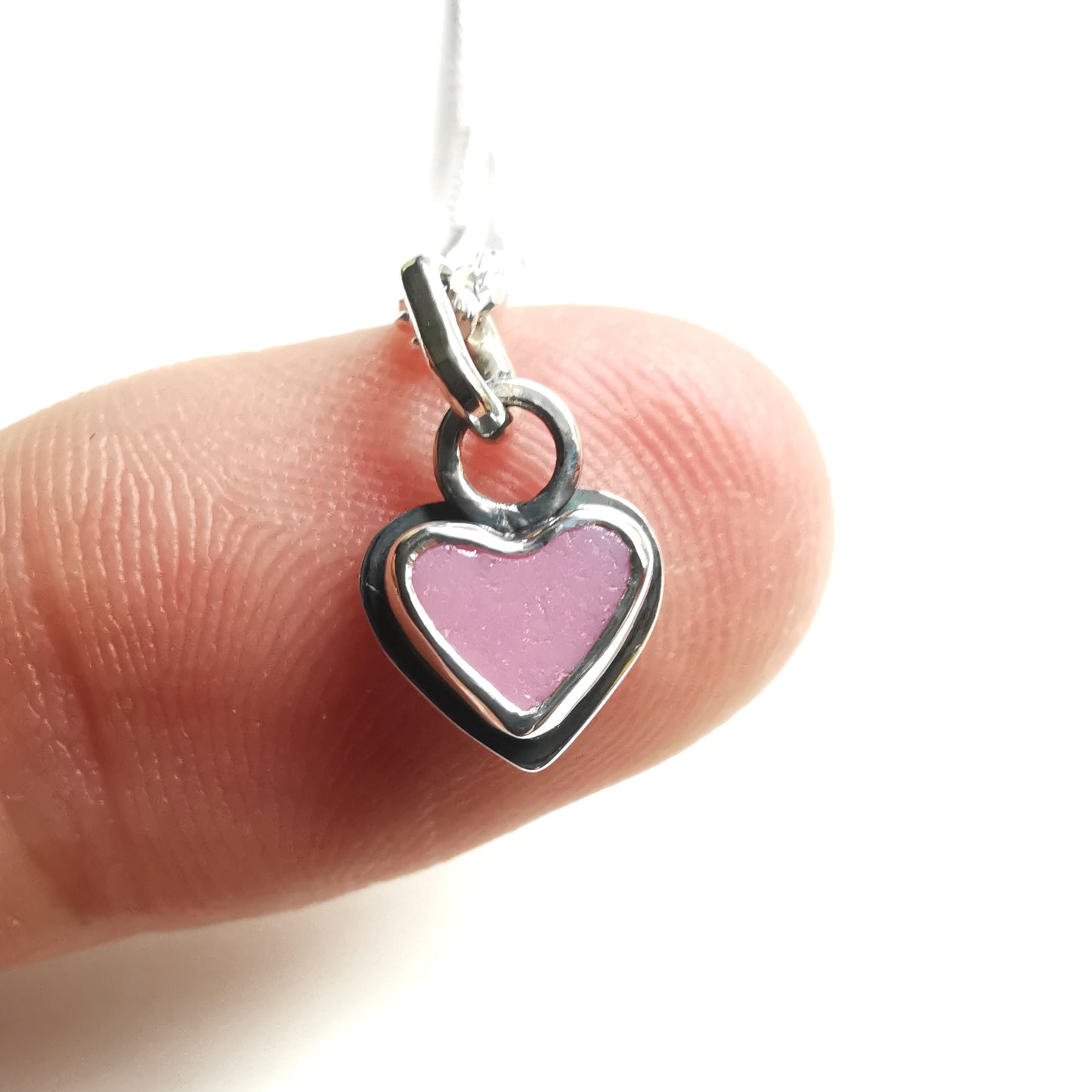 Tiny pink sea glass heart & sterling silver pendant.