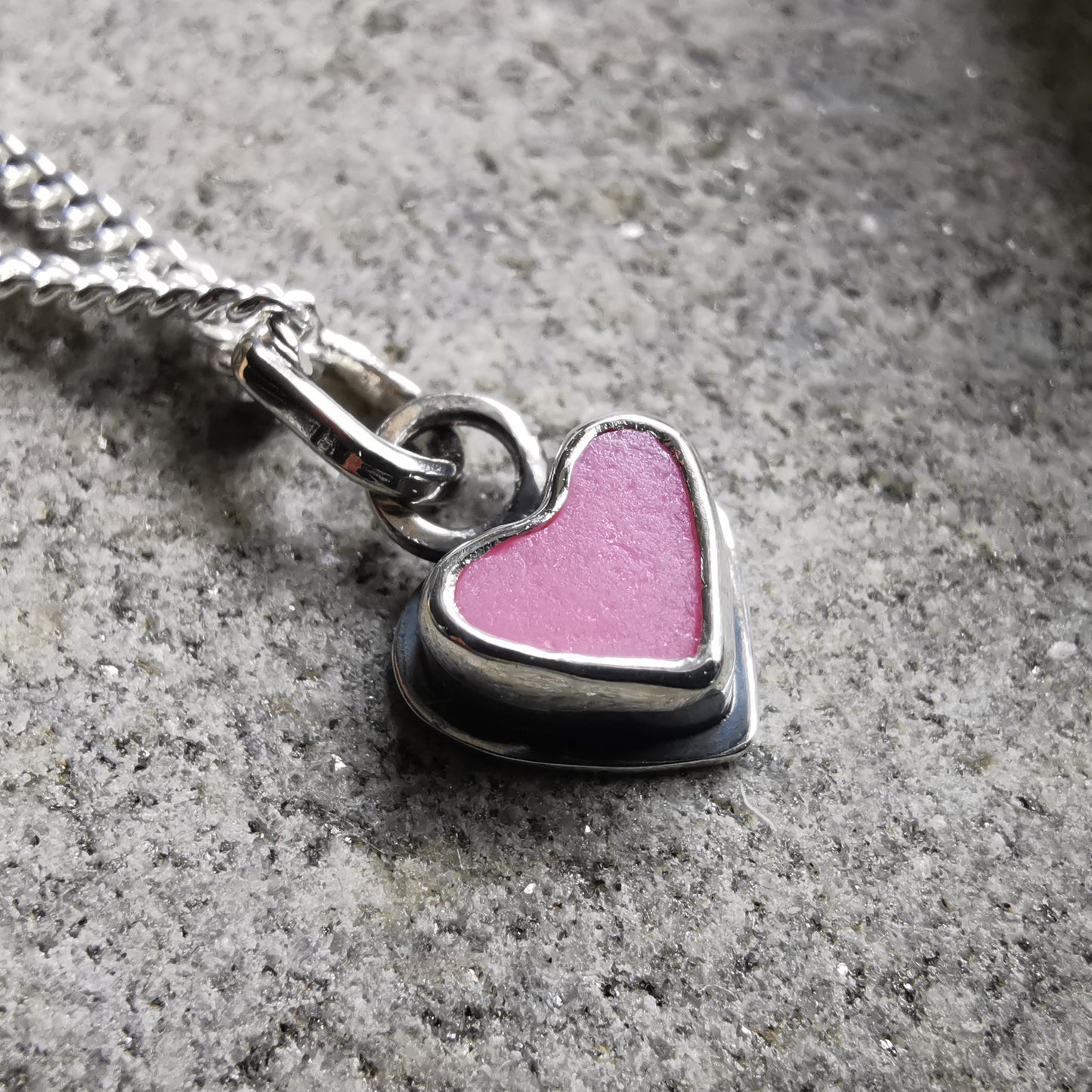 Tiny pink sea glass heart & sterling silver pendant.