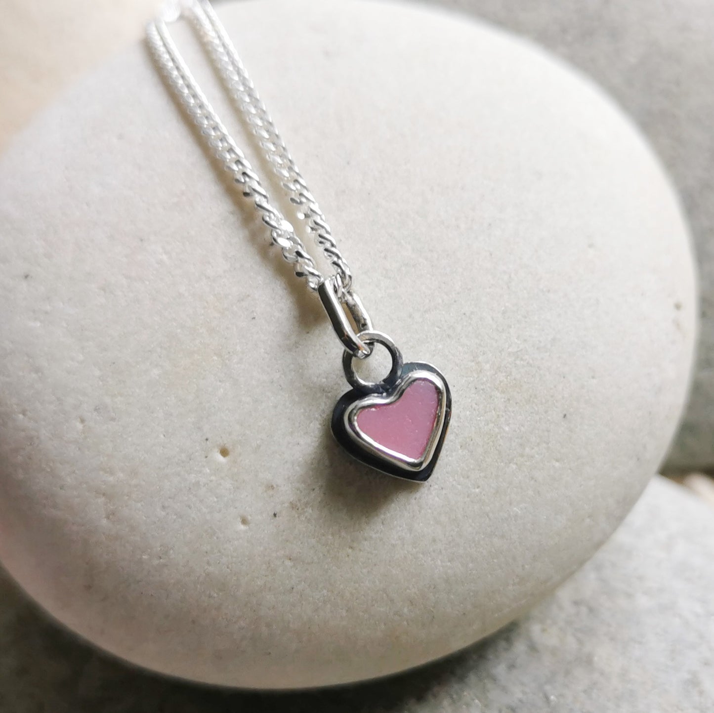 Tiny pink sea glass heart & sterling silver pendant.