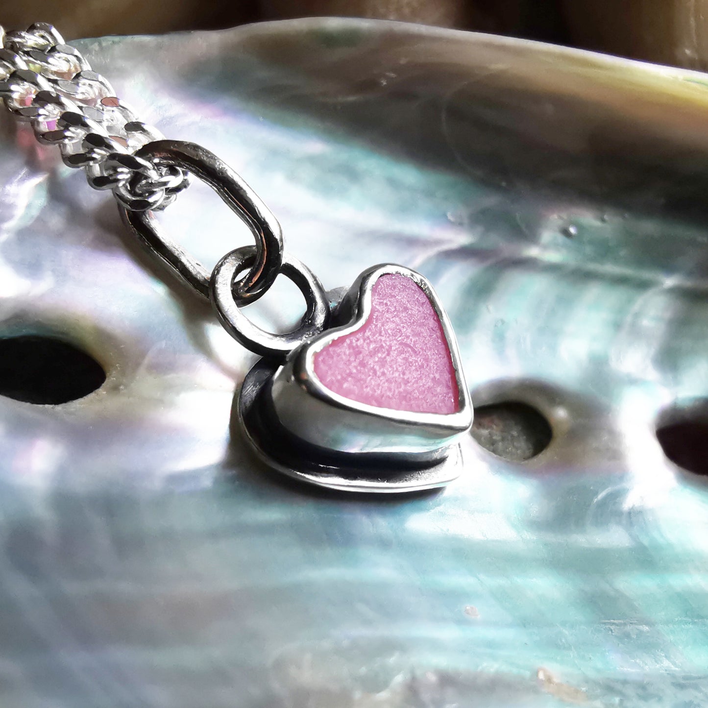Tiny pink sea glass heart & sterling silver pendant.