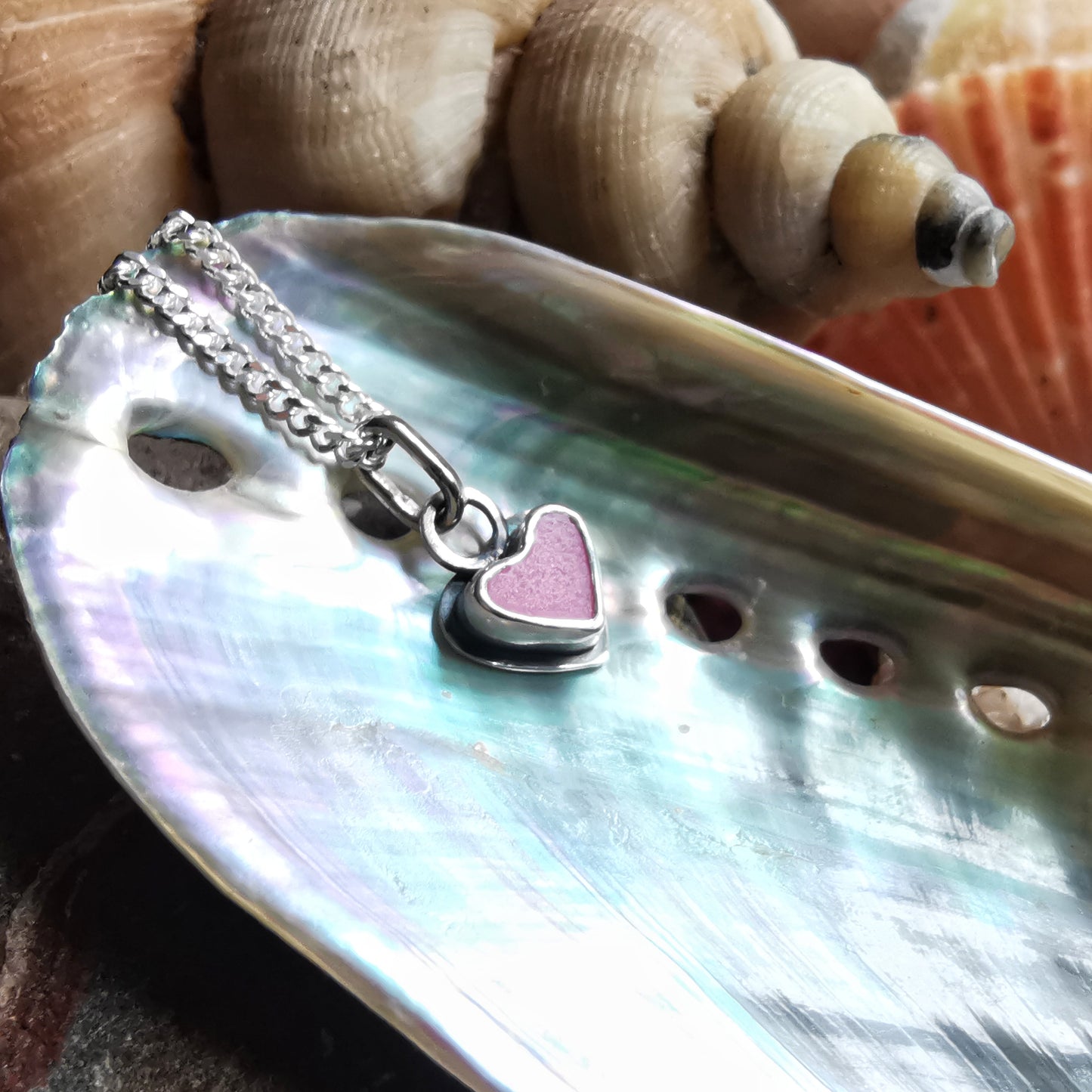 Tiny pink sea glass heart & sterling silver pendant.
