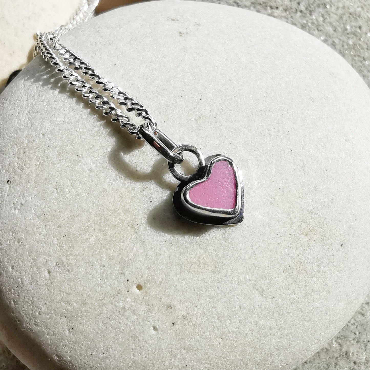 Tiny pink sea glass heart & sterling silver pendant.