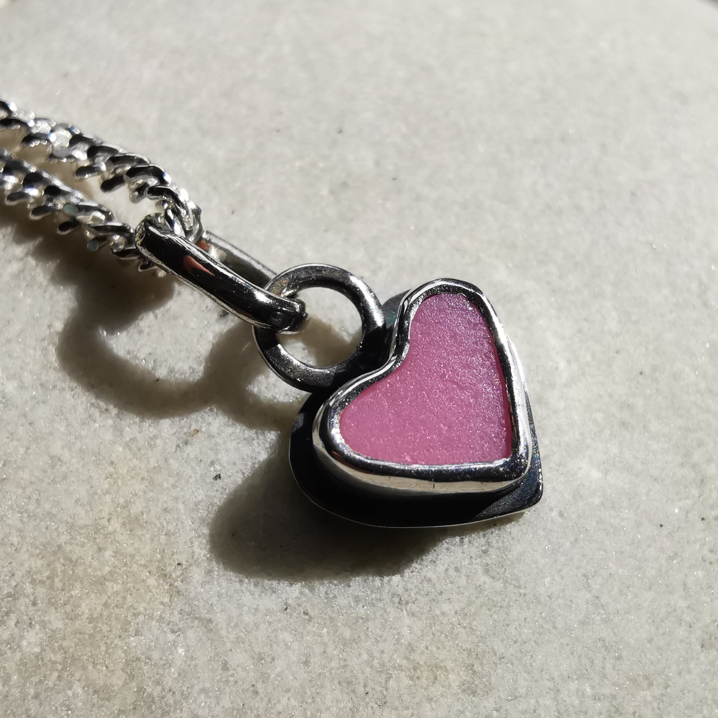 Tiny pink sea glass heart & sterling silver pendant.