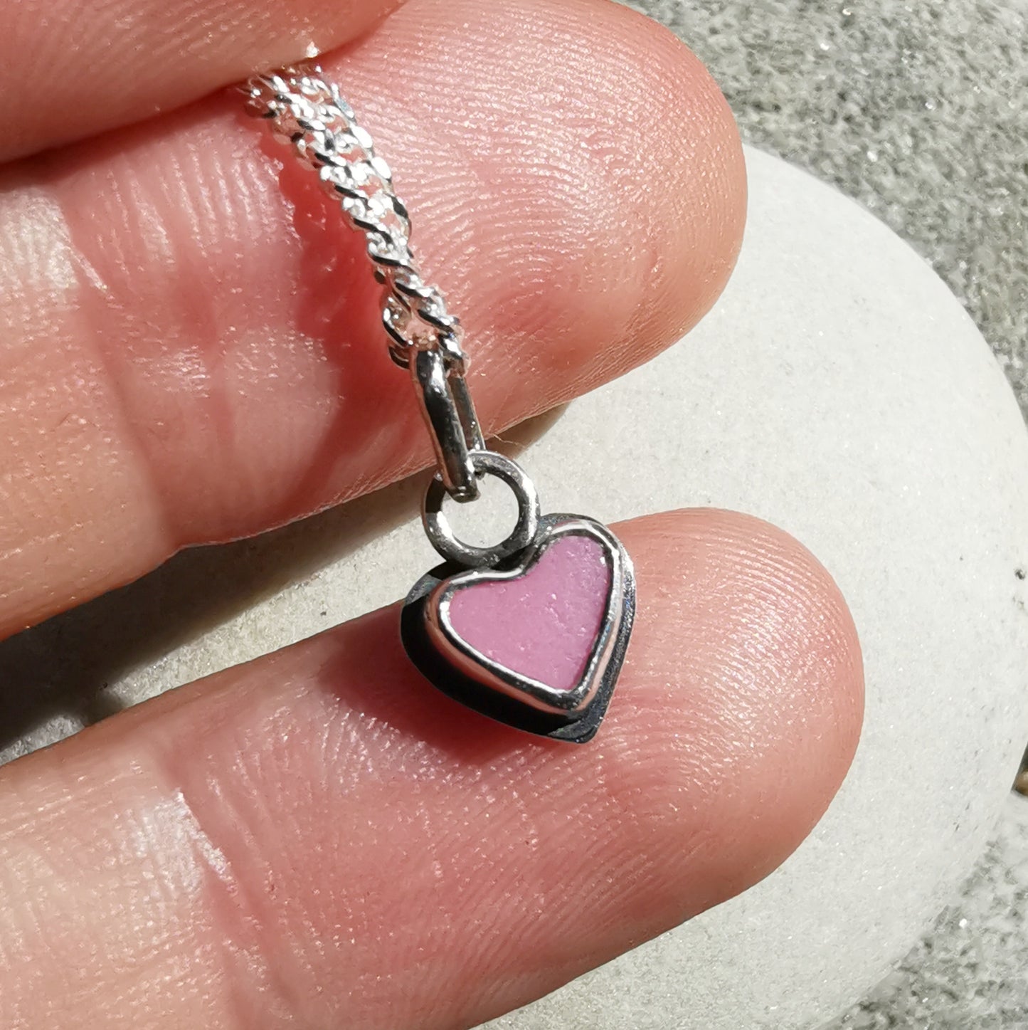 Tiny pink sea glass heart & sterling silver pendant.