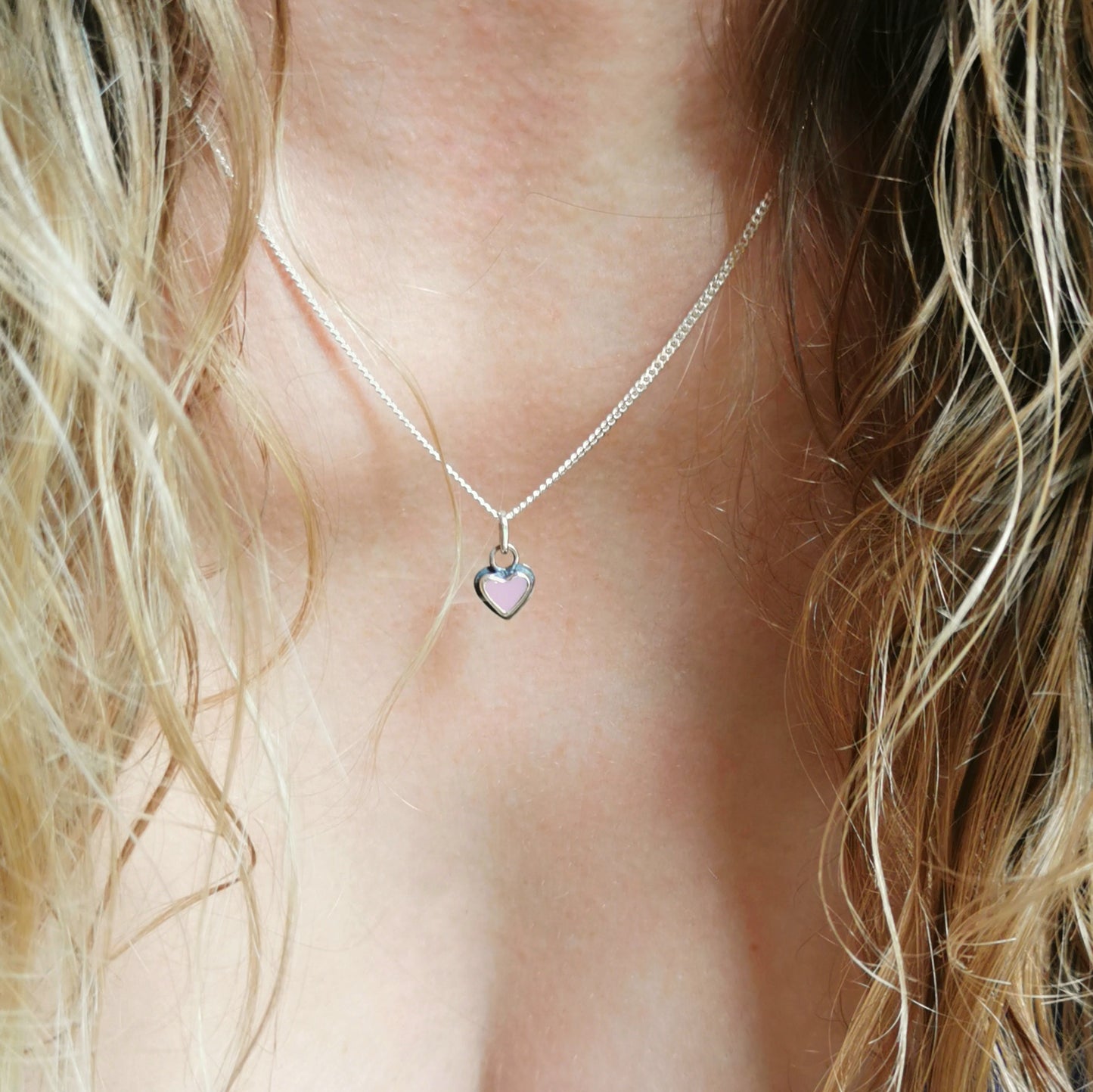Tiny pink sea glass heart & sterling silver pendant.