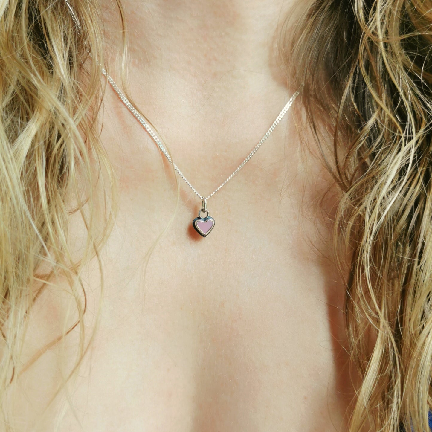 Tiny pink sea glass heart & sterling silver pendant.