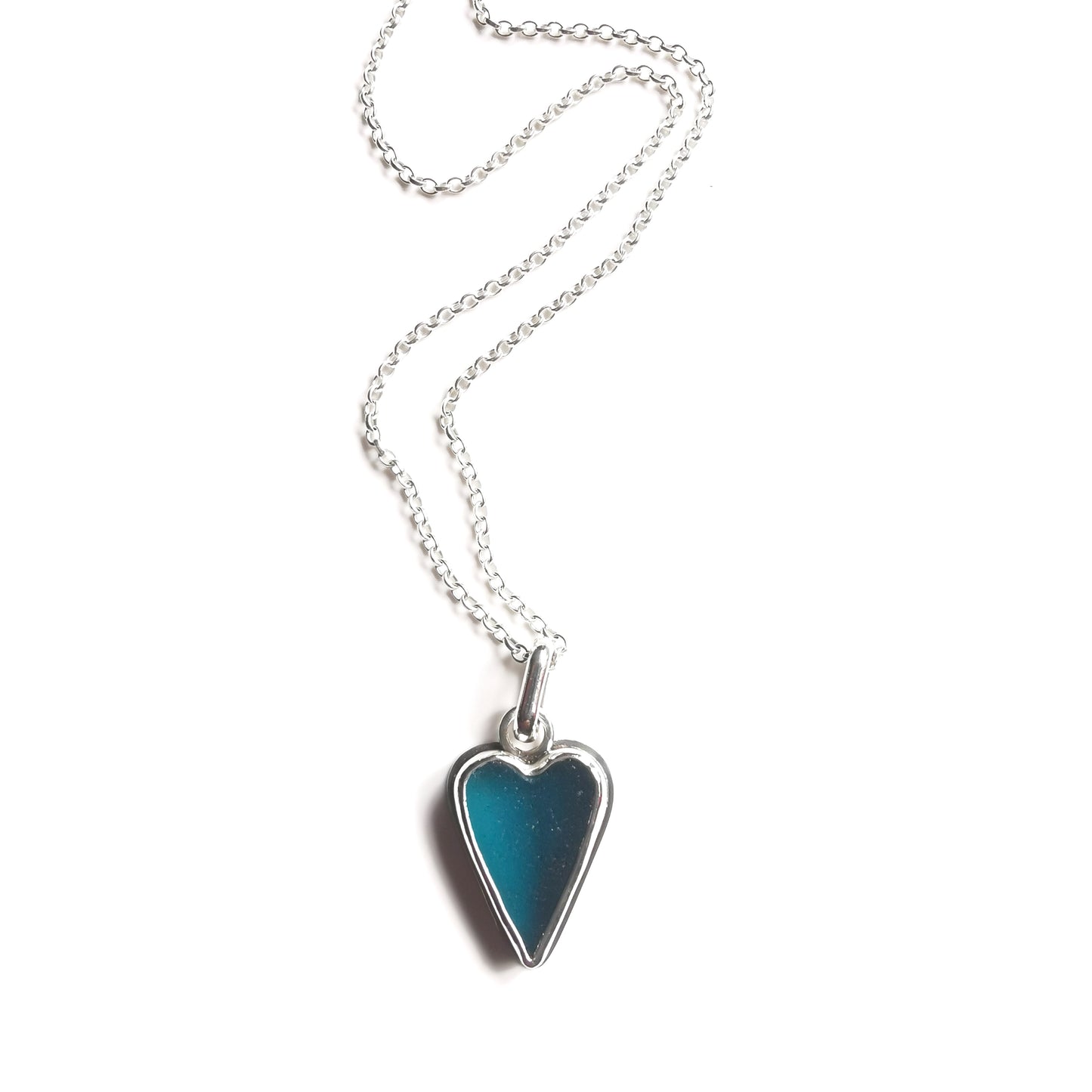 Scottish teal sea glass heart & sterling silver pendant.