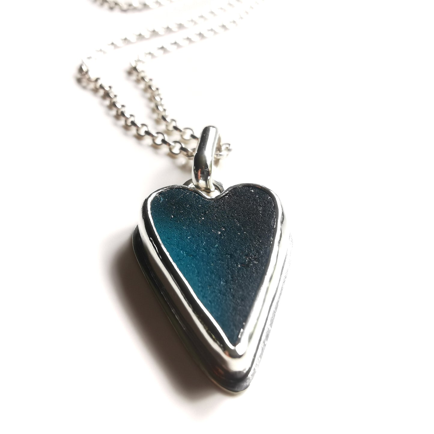 Scottish teal sea glass heart & sterling silver pendant.